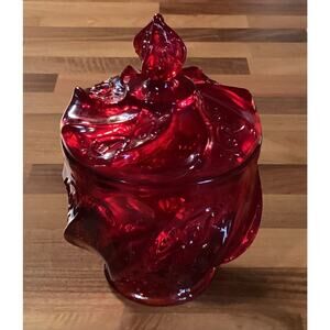 Vintage Fenton Paisley Swirl Amberina Ruby Red Lidded Candy Dish 7" Tall